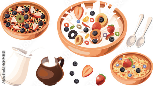 Illustration of bowls of cereal with fruit and milk with two spoons and two milk pitchers