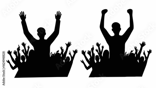Silhouetted crowd with raised arms and hands cheering and celebrating in black and white illustration