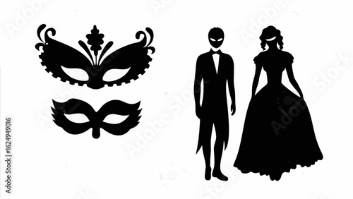 Silhouetted masquerade masks with a suited man and a woman in a ballgown on a white background