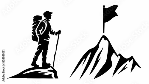 Silhouette of a hiker with backpack and walking stick standing near a mountain with a flag on the summit