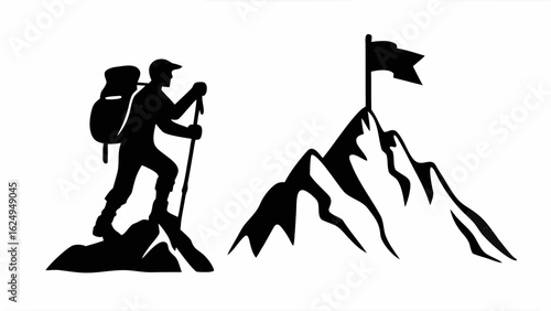 Silhouette of a hiker with backpack and trekking poles climbing towards a mountain peak with a flag