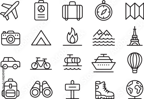 A collection of travel and tourism icons, including planes, luggage, landmarks, and outdoor activity symbols for vacations and adventure