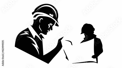 Two construction workers wearing hard hats reviewing blueprints in a black and white illustration silhouette
