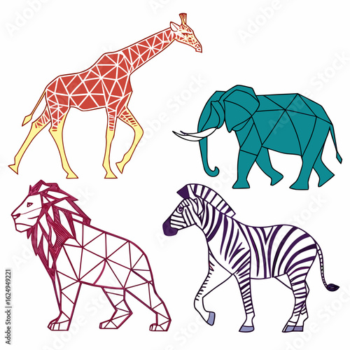 A vibrant vector illustration depicts a cartoon giraffe amidst a set of animals, showcasing a striped zebra and other wild mammals from a safari