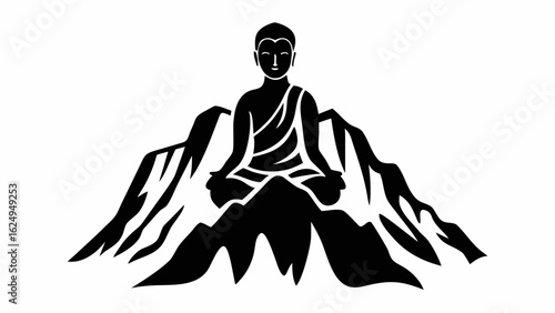 Illustration of a buddha meditating in lotus position atop a mountain range in black and white style silhouette