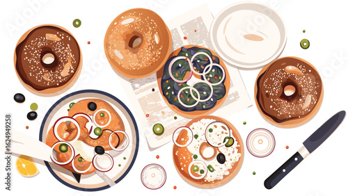 Overhead view of bagels with various toppings and a knife on a white surface arrangement flat lay