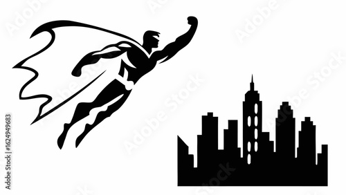 Silhouette of a superhero flying over a city skyline with cape blowing in the wind in black and white art