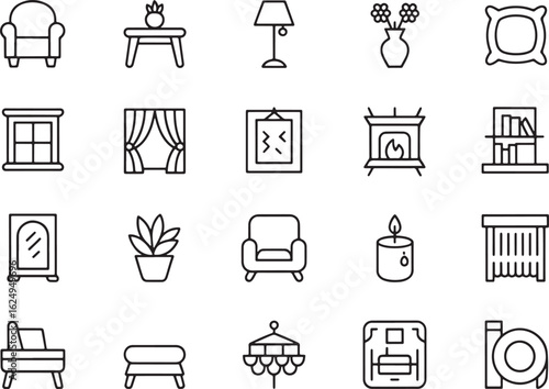 Collection of home interior icons, featuring various furniture, decor, and household items in a clean, linear style