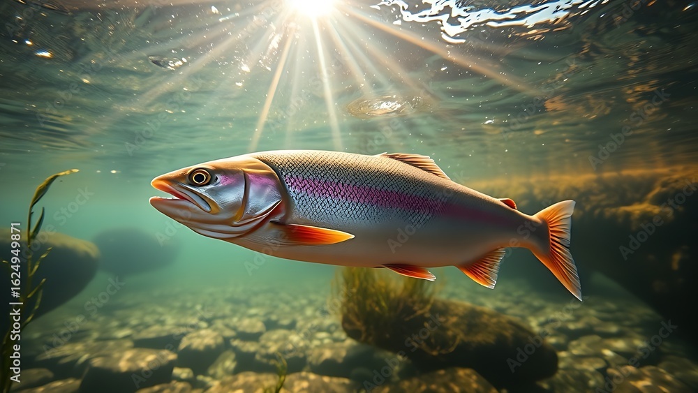 Fototapeta premium Rainbow trout swimming in a clear river with sunlight filtering through the water and aquatic plants.