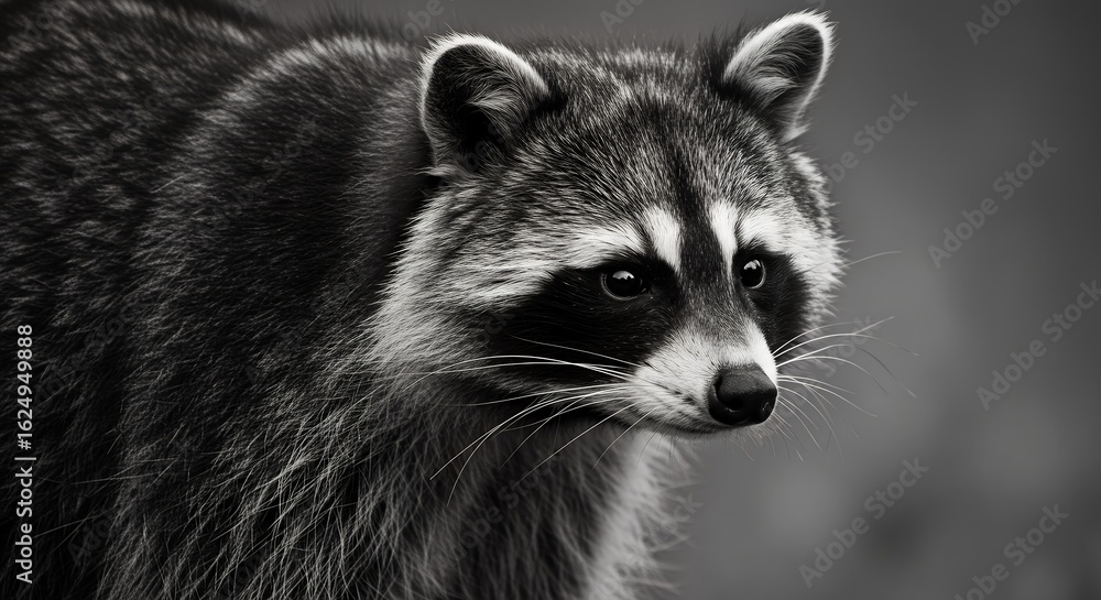 Black and White Raccoon Close-up with Bright Eyes in Nature Black and White Raccoon Close-up with Bright Eyes in Nature