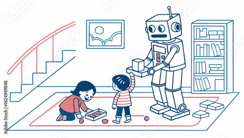 Robot and children playing together illustration for kids robotics and educational games learning and activities