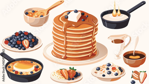 Illustration of a breakfast spread with pancakes, berries, syrup, and other breakfast items shown