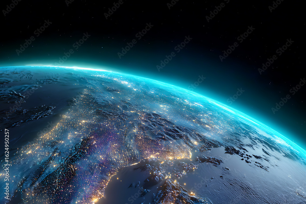 Fototapeta premium Stunning Earth View from Orbit at Night, Highlighting Urban Illumination and the Planet's Curvature