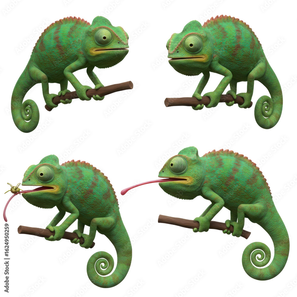 Obraz premium 3D cartoon chameleon character set on a branch. Collection of cute green lizards with curly tails and long tongues. Color-changing reptile mascot isolated on transparent background.