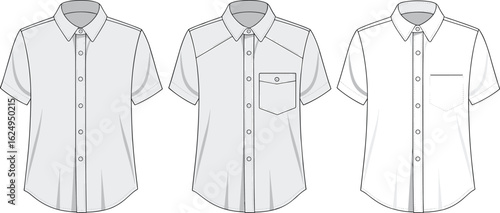 Men’s short sleeve shirt technical sketch set – front view fashion flats with button plackets, yoke seams, and chest pockets