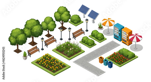 Isometric park elements arranged on black backdrop    .ai generative, transparent background, white background. isolated on white background, png, jpeg, jpg.