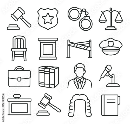 Legal symbols collection featuring scales, gavel, handcuffs, and policeman icon