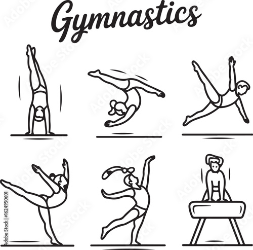 Gymnast in Motion Line Icons Handstand, Backflip, Split Jump, Cartwheel, and Pommel Horse Performance