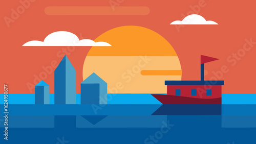 Flat Vector of a Harbor with Sunset Sky Reflecting Water