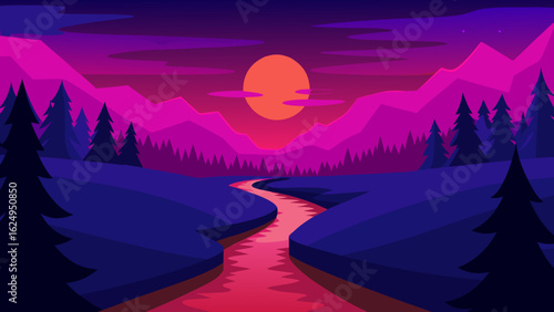 Forest River Scene Under Vibrant Dusk Lighting and Evening Glow
