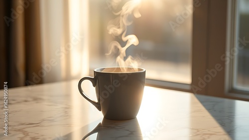 Steaming coffee cup on a marble table, morning sunlight highlighting the rising vapor and warmth.