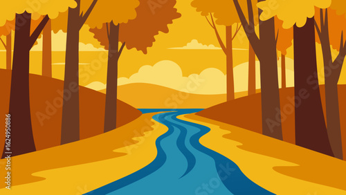 Forest River Under Golden Fall Canopy with Carpet of Leaves