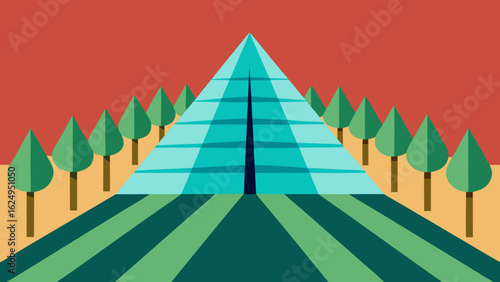 Glass Pyramid Structure Surrounded by Hedge Rows and Modern Design