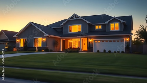Suburban home glowing with warm interior lights at dusk, clean architecture against twilight.