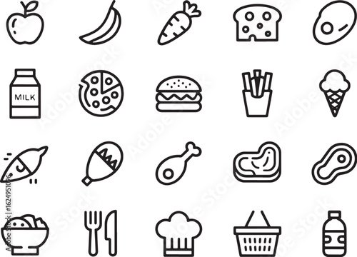A comprehensive collection of high-quality vector line icons illustrating various foods, cooking ingredients, and grocery items for restaurant or diet-related projects