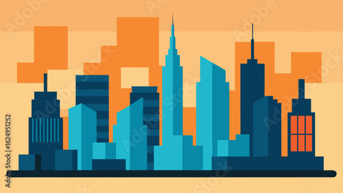 High Rise Buildings and City Skyline in Flat Perspective Urban Scene