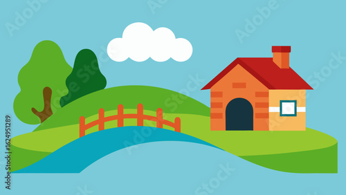 Home Built Beside Small Stone Bridge and Gentle Stream Countryside