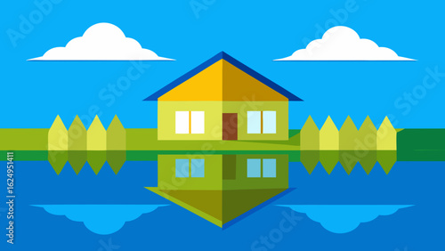 House Beside Reflective Rice Fields and Blue Skies Scenic Rural View