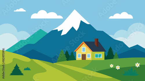House in Alpine Meadow with Wildflowers and Snowy Mountains Landscape