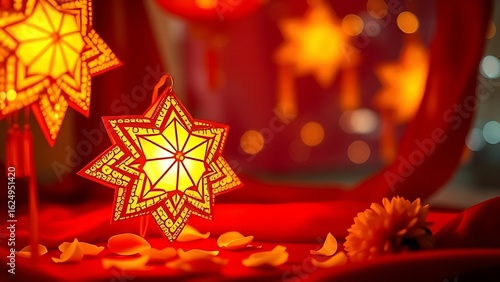 Golden star lanterns glowing against red silk, with scattered chrysanthemum petals for a festive touch.