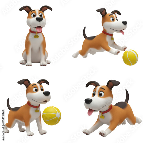 Playful 3D cartoon dog character set. Collection of cute puppies, possibly Jack Russell terriers, running and playing with a yellow ball. Pet animal mascot isolated on transparent background.