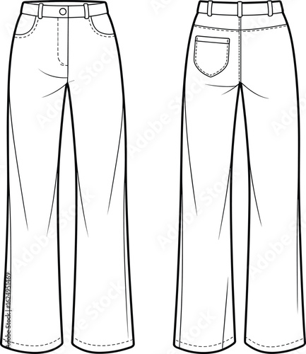 Women’s straight-leg pants fashion flat technical sketch front and back view with pockets, waistband, topstitching and wide hem detail