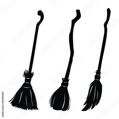 Three different witches' broomsticks silhouettes for Halloween, magic, or fantasy designs. Vector cartoon illustration