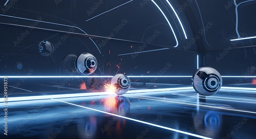 Fototapeta premium Futuristic spherical security drones in a neon-lit digital environment. Advanced AI robotic sentinels in a high-tech cyberspace.