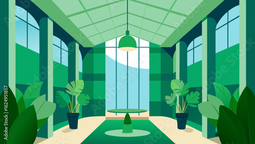 Indoor Garden Atrium with Vertical Green Walls and Lush Plant Life