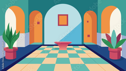 Interior Courtyard with Geometric Tiled Flooring and Architectural Design