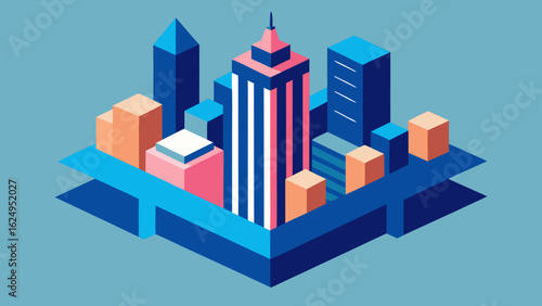 Isometric City Skyline Featuring Modern Geometric Buildings and Urban Design