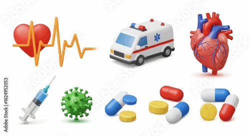 Medical 3D Vector Icon Set- Heartbeat,Ambulance,Heart Anatomy,Syringe,Virus,Pills,
