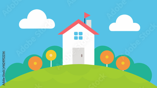 Little White House on a Flower Covered Hillside Countryside