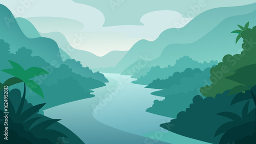 Misty Morning River Surrounded by Thick Jungle Vegetation