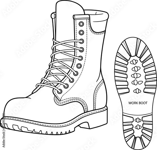 Durable work boot illustration, rugged sole detail, lace-up design, protective footwear, heavy-duty construction, safety gear, labor essential, sturdy, functional