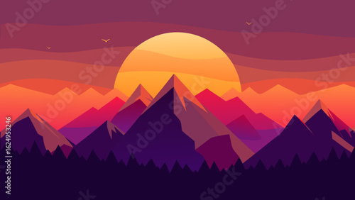 Mountain Range with Vivid Sunset Sky and Misty Peaks