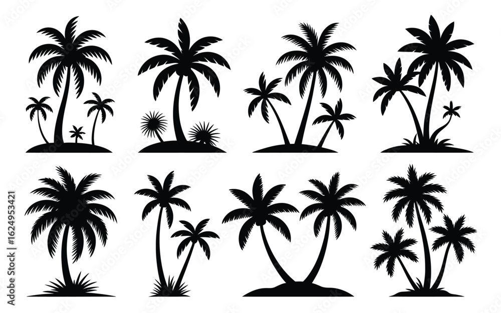 Obraz premium Vector art of silhouette of tropical palm trees isolated on white background for summer vacation