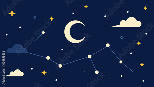 Night Sky with Constellations and Stylized Moon Phases