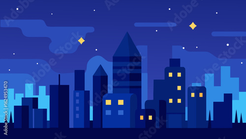Nighttime City with Sparkling Lights and Deep Blue Sky