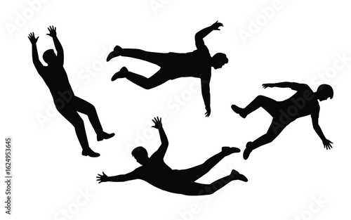 Vector art of silhouette of people falling down, jumping or skydiving isolated on white background